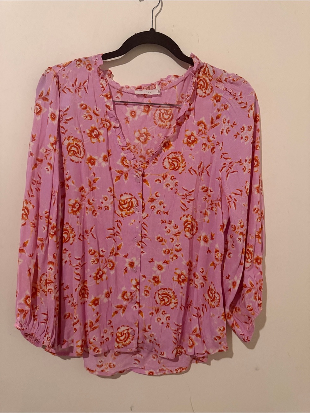 Lush Pink Floral V-Neck Peasant Blouse size Large